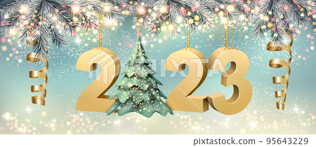 Merry Christmas and Happy New Year background with a 2023, christmas tree and serrpantine. Vector. 95643229