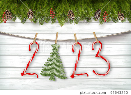 Holiday Merry Christmas and Happy New Year background with branch of tree and christmas candy cane, tree on the rope. Vector 95643230