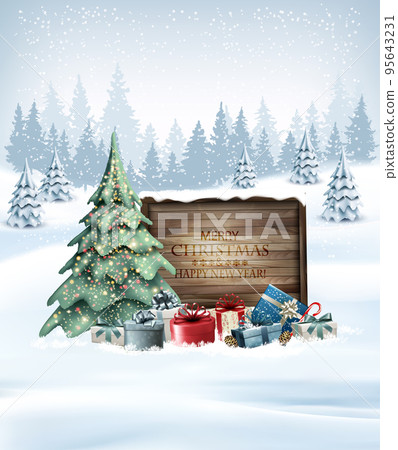 Holiday Merry Christmas and Happy New Year background with Christmas tree, colorful gift boxes and wooden sign. Vector 95643231