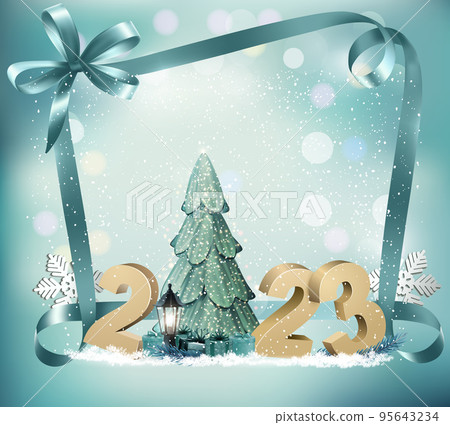 Merry Christmas and Happy New Year Background with 2023 and gift boxes and blue ribbons. Vector Merry Christmas and Happy New Year Background with 2023 and gift boxes and blue ribbons. Vector 95643234