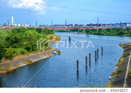 From the bank near Saiko Park towards Sasamebashi, Arakawa scenery, summer season 95643657