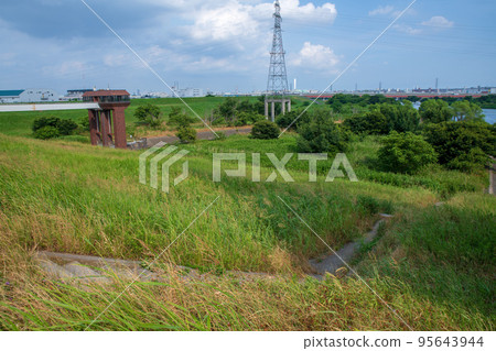 From the bank near Saiko Park towards Sasamebashi, Arakawa scenery, summer season 95643944