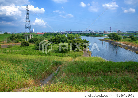 From the bank near Saiko Park towards Sasamebashi, Arakawa scenery, summer season 95643945