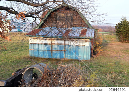 Hokkaido, Tokachi region, old cow barn and cow-patterned cat Hokkaido, Tokachi region, old cow barn and cow-patterned cat 95644591