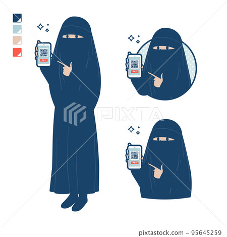 Illustration of a Muslim woman wearing a niqab making a cashless payment with a smartphone 95645259