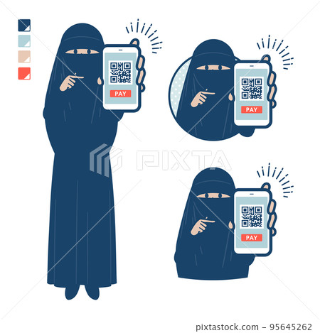 一名身穿面紗的穆斯林婦女用智能手機進行無現金支付的插圖 一名身穿面紗的穆斯林婦女用智能手機進行無現金支付的插圖 95645262