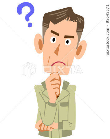 Upper body of an elderly man wearing work clothes with doubts 95645571