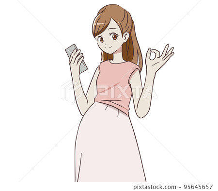 一名孕婦拿著智能手機做 OK 標記 95645657