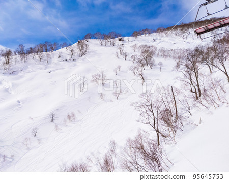 A view of the steep, uncompacted snow course from the ski lift (Niseko, Hokkaido) 95645753