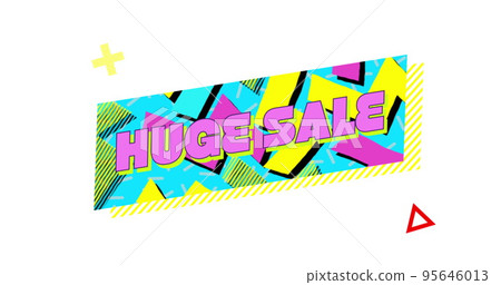Retro Huge Sale text in ribbon above colourful shapes 95646013