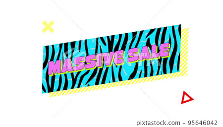 Retro Massive Sale text in ribbon above colourful shapes 95646042