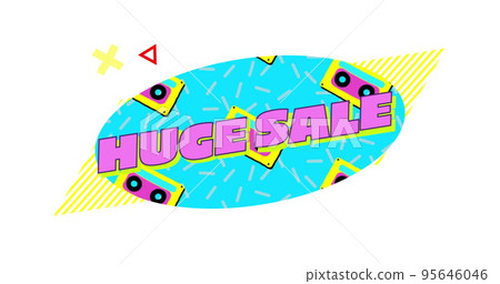 Retro Huge Sale text in ribbon above colourful shapes 95646046