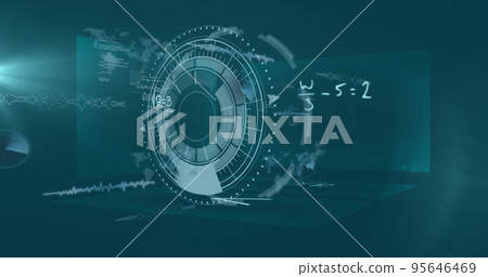 Image of digital interface and data processing over blue background Image of digital interface and data processing over blue background 95646469