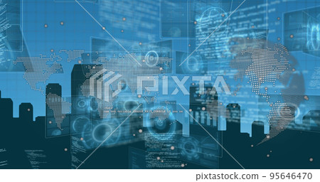 Image of digital interface and data processing over cityscape on blue background Image of digital interface and data processing over cityscape on blue background 95646470