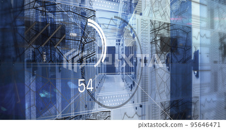 Image of mathematical equations and data processing over spinning globe against server room Image of mathematical equations and data processing over spinning globe against server room 95646471