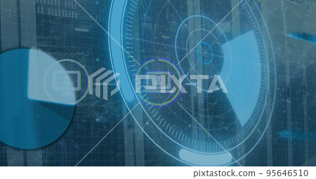 Image of scope scanning with icons and data processing over server room 95646510