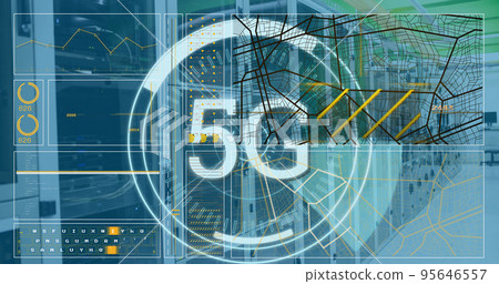 Image of scope scanning with 5g text and data processing over server room 95646557