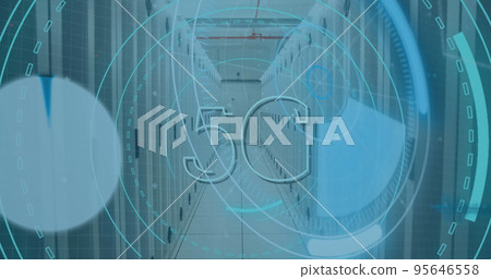 Image of 5g text over round scanner and data processing against computer server room Image of 5g text over round scanner and data processing against computer server room 95646558