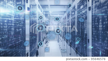 Image of mathematical equations and data processing against computer server room 95646578