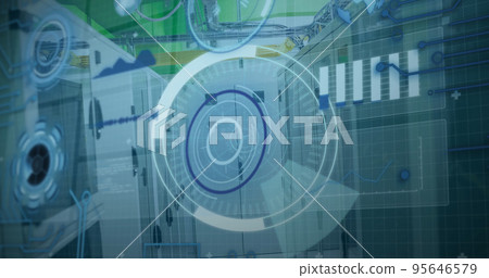 Image of 5g text over round scanner and data processing against computer server room 95646579