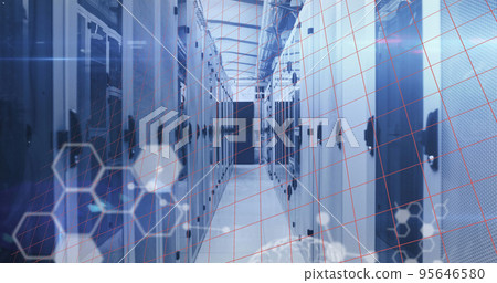 Image of mathematical equations and data processing over server room 95646580