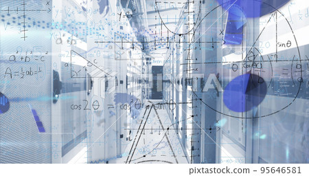 Image of mathematical equations and data processing over server room 95646581
