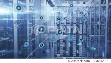 Image of mathematical equations and data processing against computer server room 95646582