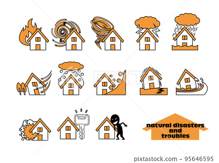 Natural disaster housing damage and trouble icon set 95646595