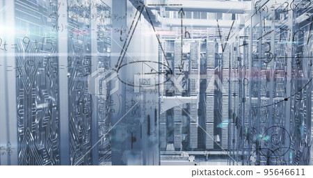 Image of mathematical equations and data processing against computer server room 95646611