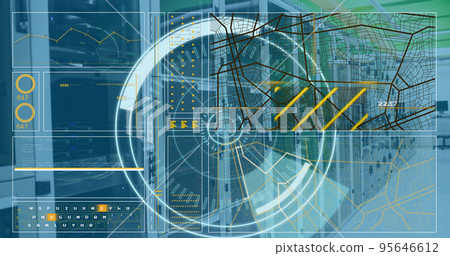 Image of scope scanning with 5g text and data processing over server room Image of scope scanning with 5g text and data processing over server room 95646612