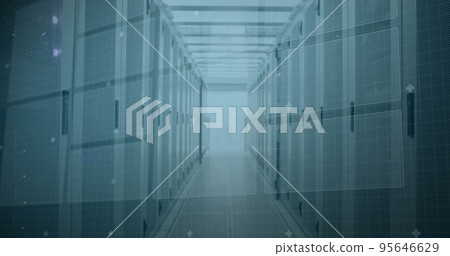 Image of scope scanning with 5g text and data processing over server room Image of scope scanning with 5g text and data processing over server room 95646629