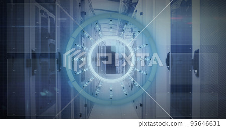 Image of mathematical equations and data processing against computer server room Image of mathematical equations and data processing against computer server room 95646631