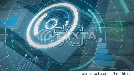 Image of scope scanning with 5g text and data processing over desk with laptop Image of scope scanning with 5g text and data processing over desk with laptop 95646632