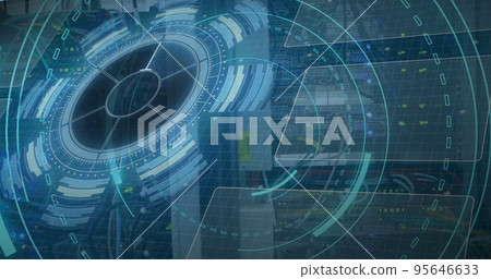 Image of scope scanning with 5g text and data processing over server room Image of scope scanning with 5g text and data processing over server room 95646633