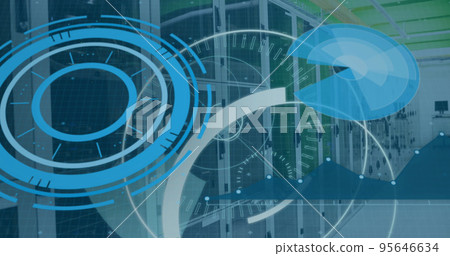 Image of scope scanning with 5g text and data processing over server room Image of scope scanning with 5g text and data processing over server room 95646634