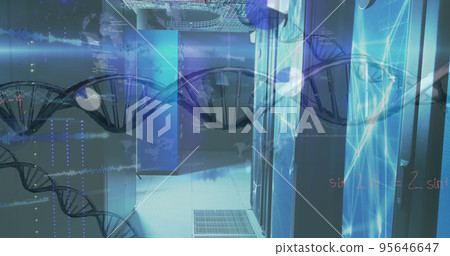 Image of dna strand and data processing over server room Image of dna strand and data processing over server room 95646647