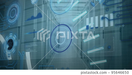 Image of scope scanning with 5g text and data processing over server room Image of scope scanning with 5g text and data processing over server room 95646650