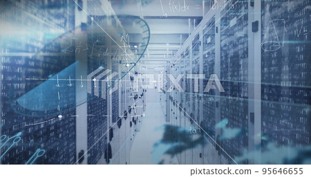Image of mathematical equations and data processing against computer server room Image of mathematical equations and data processing against computer server room 95646655