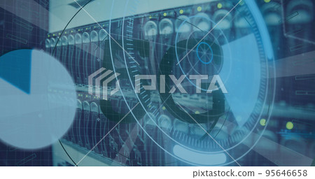 Image of scope scanning with 5g text and data processing over server room Image of scope scanning with 5g text and data processing over server room 95646658