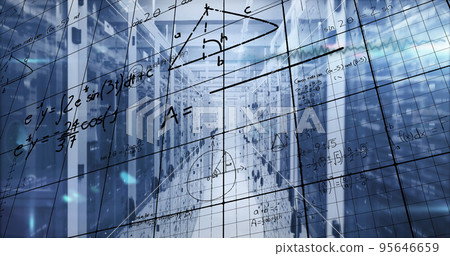 Image of mathematical equations and data processing over server room Image of mathematical equations and data processing over server room 95646659