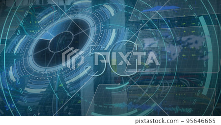Image of scope scanning with 5g text and data processing over server room Image of scope scanning with 5g text and data processing over server room 95646665