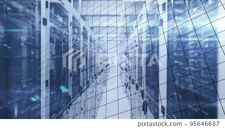 Image of mathematical equations and data processing over server room 95646687