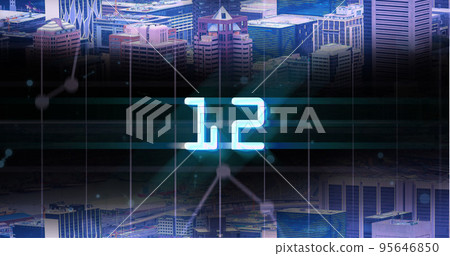 Composite of illuminated 12 numbers with grid pattern and connected dots over cityscape Composite of illuminated 12 numbers with grid pattern and connected dots over cityscape 95646850