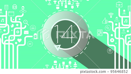 Illustration of number 14 in circle with loading arrow and application icons with lines Illustration of number 14 in circle with loading arrow and application icons with lines 95646852