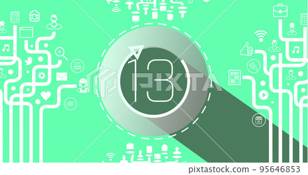Illustration of number 13 in circle with loading arrow and application icons with lines Illustration of number 13 in circle with loading arrow and application icons with lines 95646853