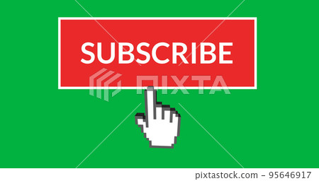 Illustration of finger pointing towards subscribe text in red and white box on green background 95646917