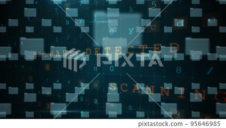 Illustration of computer folders with multiple texts over letters and numbers in background 95646985
