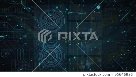 Illustration of dots, radars and circuit board pattern over black background, copy space Illustration of dots, radars and circuit board pattern over black background, copy space 95646986
