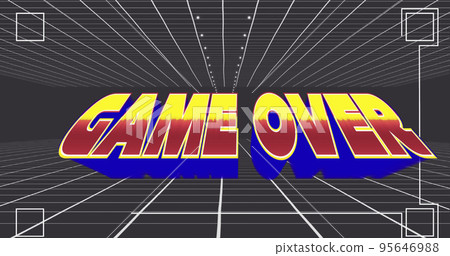 Illustration of multicolored game over text in view finder with grid pattern against gray background 95646988