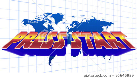 Illustration of press start text over digital map with numbers against white background, copy space 95646989